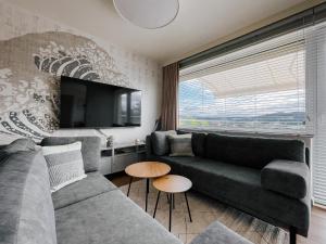 a living room with a couch and a tv at Penthouse Słoneczna Rapsodia in Rabka