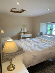 ein Schlafzimmer mit einem Bett und einem Tisch mit einer Lampe in der Unterkunft Stunning Cottage Close to Amazing Beaches in Braunton