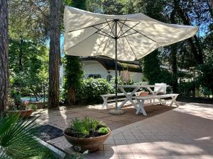 una mesa de picnic y una sombrilla en un jardín en Villa Amedea, en Lignano Sabbiadoro