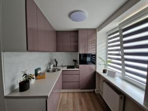 una cocina con armarios morados y fregadero en Seaside Vitolu street Apartment, en Liepāja