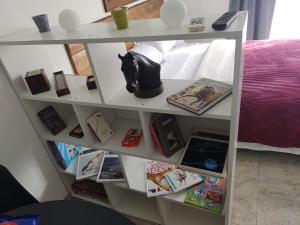 a book shelf with books and a cat statue on it at La Bonita in Ezeiza