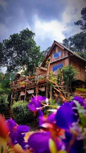 una casa de madera con flores púrpuras delante de ella en Tổ Chim Ri Homestay Măng Đen, en Kon Von Kla
