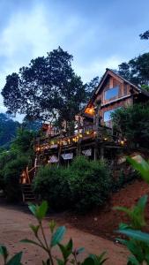 Kon Von Kla的住宿－Tổ Chim Ri Homestay Măng Đen，建筑的一侧有灯