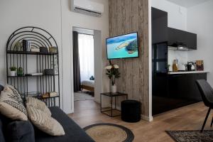 een woonkamer met een bank en een tv aan de muur bij Appart-hôtel de standing avec jacuzzi privatisable en option in Périgueux