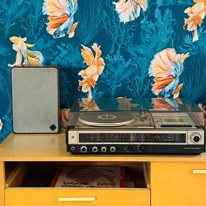 a radio and a speaker on a table with a wallpaper at Vintner Suites in Neustadt an der Weinstraße