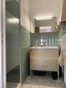een badkamer met wastafel en douche bij Nouveau Villa vue mer, proche centre et plage in Fréjus