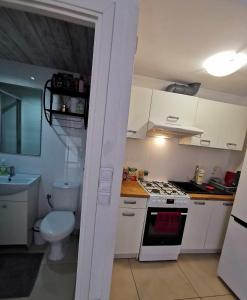 a small kitchen with a toilet and a stove at Noclegi in Siemiatycze