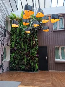 uma parede de plantas com guarda-chuvas pendurados em Hotel Aida Marais em Paris