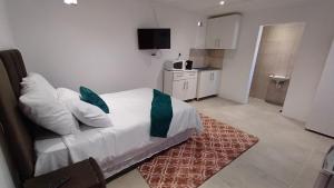 ein kleines Schlafzimmer mit einem Bett und einem Badezimmer in der Unterkunft Ozizi Lodge in East London