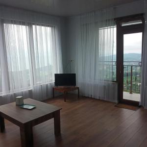 uma sala de estar com televisão, mesa e janelas em OLEG GORGILADZE em Batumi