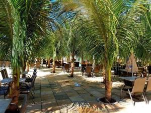 a patio with tables and chairs and palm trees at DiRoma Lacqua do I ao V - Caldas Novas, GO in Caldas Novas