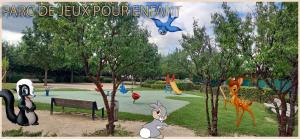 a park with a playground with animals on it at Salle de jeux enfant 10min de disney transport en commun 1 chambre 4 couchages et 2 dans le salon in Chanteloup-en-Brie