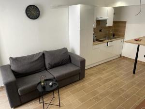 a living room with a couch and a kitchen at Appartement ava in Argelès-sur-Mer