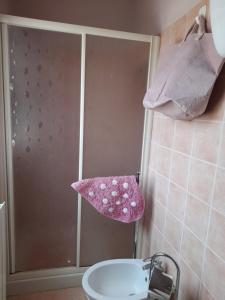 y baño con ducha y toalla rosa. en La maison de nonnì, en Buonconvento