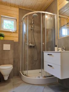 a shower stall in a bathroom with a toilet at Osada Karszewo, sauna bania, ryby in Karszewo +71 photos