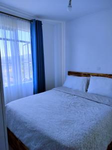 1 dormitorio con 1 cama con ventana y colcha en FLOZZY HOMES, en Kisumu