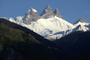 a snow covered mountain with trees in front of it at Les Marmottes 18 C in La Chal