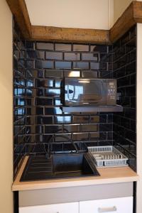 uma cozinha com um micro-ondas e um lavatório em Villa Hasaba em Krościenko