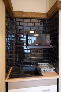 a kitchen with a microwave and a sink at Villa Hasaba in Krościenko