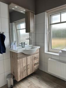 een badkamer met een wastafel en een spiegel bij Haus Wijnen in Bad Bentheim