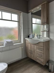 La salle de bains est pourvue d'un lavabo, de toilettes et d'une fenêtre. dans l'établissement Haus Wijnen, à Bad Bentheim