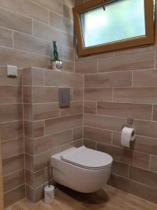 een badkamer met een toilet en een raam bij Domki na granicy 