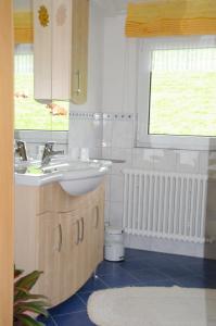 uma casa de banho com um lavatório, um espelho e uma janela em Dürrenbartleshof em Breitnau