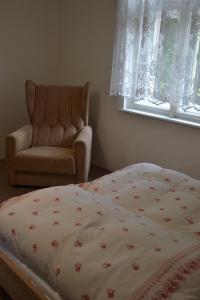ein Schlafzimmer mit einem Bett, einem Stuhl und einem Fenster in der Unterkunft Vila Kotlářská in Děčín