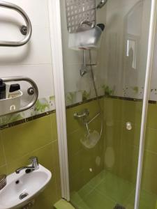 baño verde con ducha y lavamanos en Itaja Apartment 91, en Šiauliai