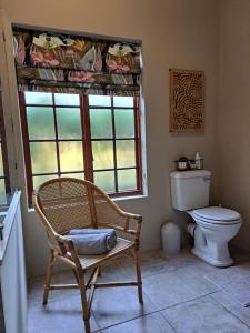 a bathroom with a toilet and a chair and a window at Elvandar Country Cottage in Hilton