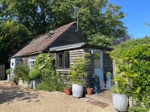 a small house with potted plants in front of it at Quirky cosy rural hideaway in Swindon