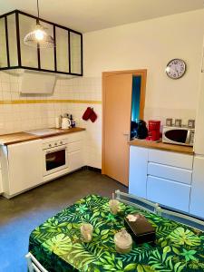 - une cuisine avec une table au milieu d'une pièce dans l'établissement appartement à Tarascon sur Ariège le Sabart, à Tarascon-sur-Ariège