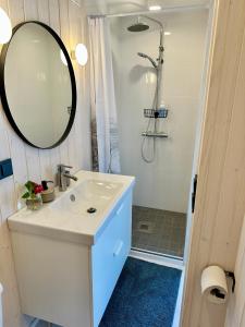 a bathroom with a sink and a shower with a mirror at Fully equipped new tiny-house in Kuressaare