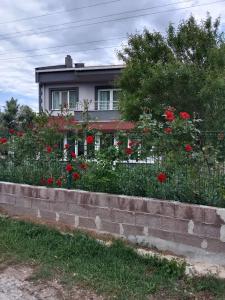 a house with red flowers in front of a retaining wall at Çetin apart in Ezine