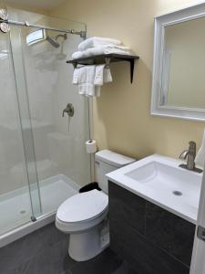 a bathroom with a toilet and a shower and a sink at Relax Inn of Medford in Medford