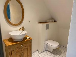 ein Bad mit einem Waschbecken und einem WC in der Unterkunft Gamle Præstegård in Fåborg