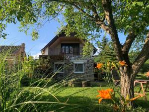 a house with a tree and flowers in the yard at A Vidám Vándor Vendégház in Zalaszántó +42 photos