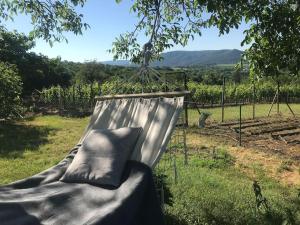 a hammock hanging from a tree in a field at A Vidám Vándor Vendégház in Zalaszántó