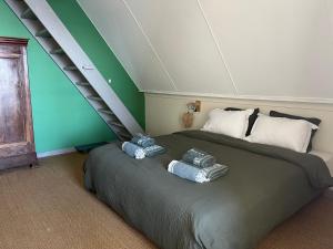ein Schlafzimmer mit einem Bett mit zwei Handtüchern darauf in der Unterkunft La Case Chouchou in L'Étang-Salé-les-Bains