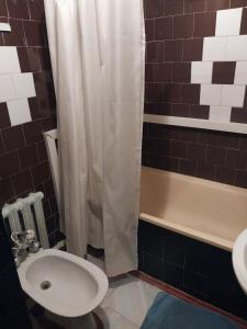 een badkamer met een toilet, een wastafel en een douche bij Welcome Guest House in Tokmok