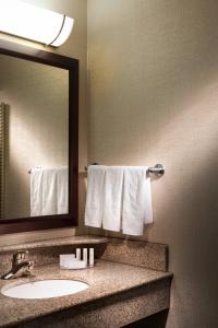 a bathroom with a sink and a mirror and towels at SpringHill Suites Dallas DFW Airport North/Grapevine in Grapevine