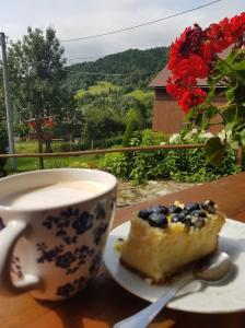 a piece of cake on a plate next to a cup of coffee at Agroturystyka Muzyki in Ochotnica Górna