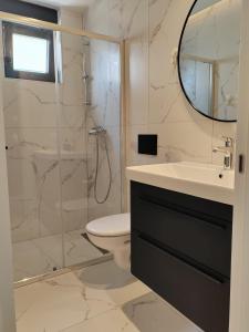 a bathroom with a shower and a sink and a toilet at Apartments DiVi Sunset View in Mandre