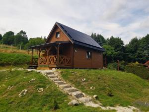 a large wooden cabin on a grassy hill at Chata Rafusa pod Śnieżnikiem in Stronie Śląskie