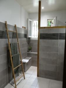 y baño con azulejos grises y ducha. en 37 au soleil, en Montréal