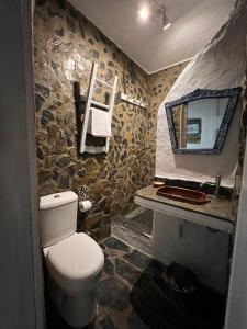 a stone bathroom with a toilet and a mirror at A Casa do Mestre Lau - no coração do Alentejo in Terena