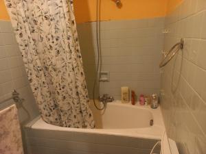 uma casa de banho com uma cortina de chuveiro e uma banheira em Pays du Verdon , étape, séjour fraîcheur dans maison de caractère em La Bastide