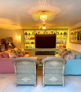 un salon avec deux chaises en osier et une télévision dans l'établissement The Pool House, à Henley-on-Thames