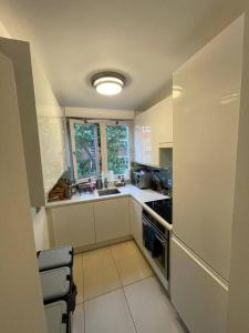 cocina pequeña con fregadero y fogones en Refurbished central apartment, en Londres