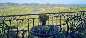 a table with a vase on top of a balcony at Villa Panorama in Durrës